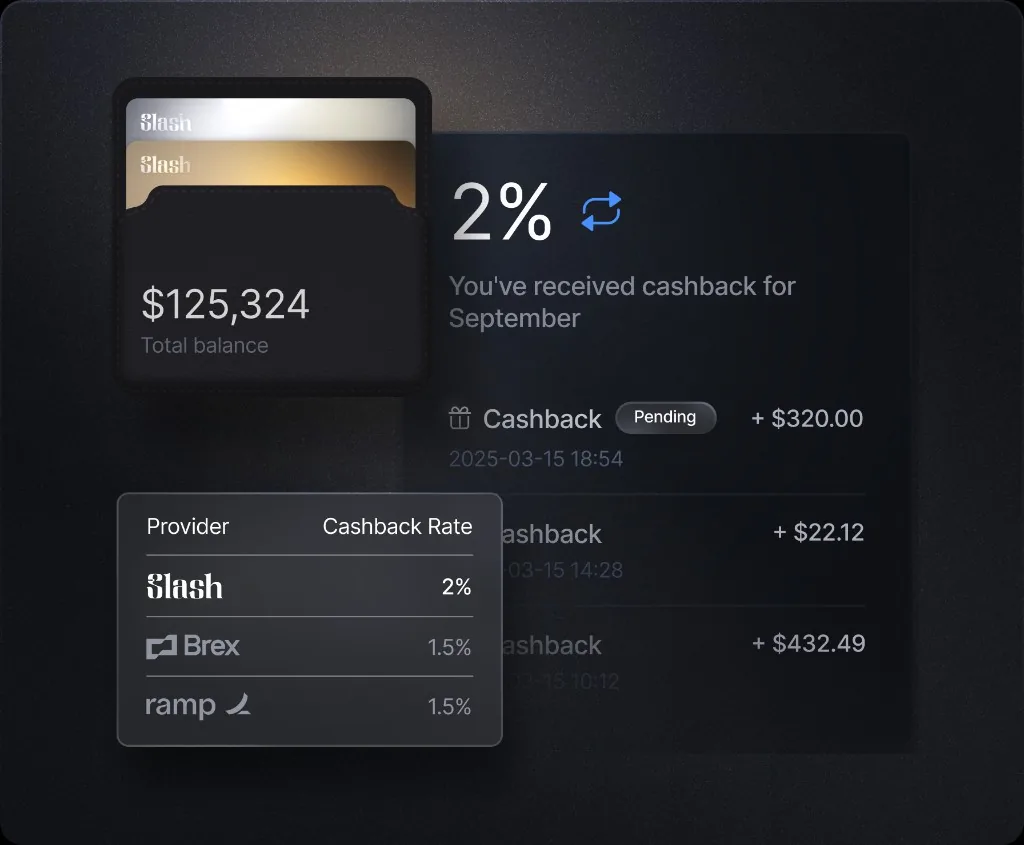 Slash dashboard showing 2% cashback received and total balance
