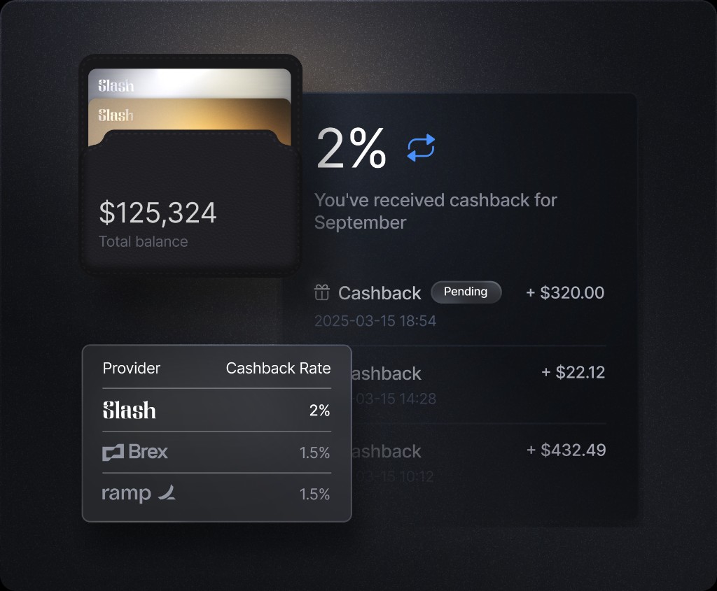Slash dashboard showing 2% cashback received and total balance