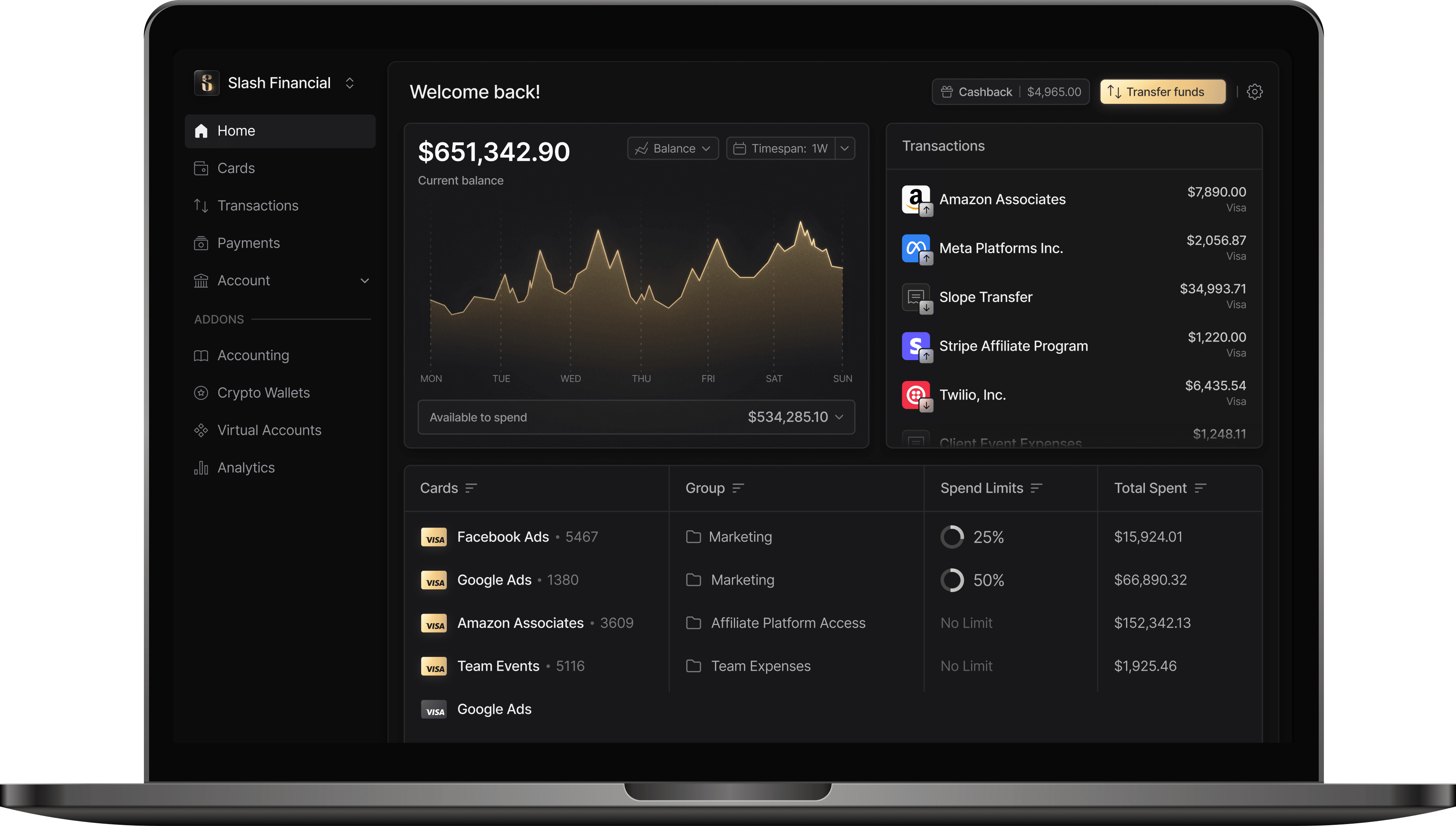 Slash Financial dashboard mockup showing balances, transactions, and card spend