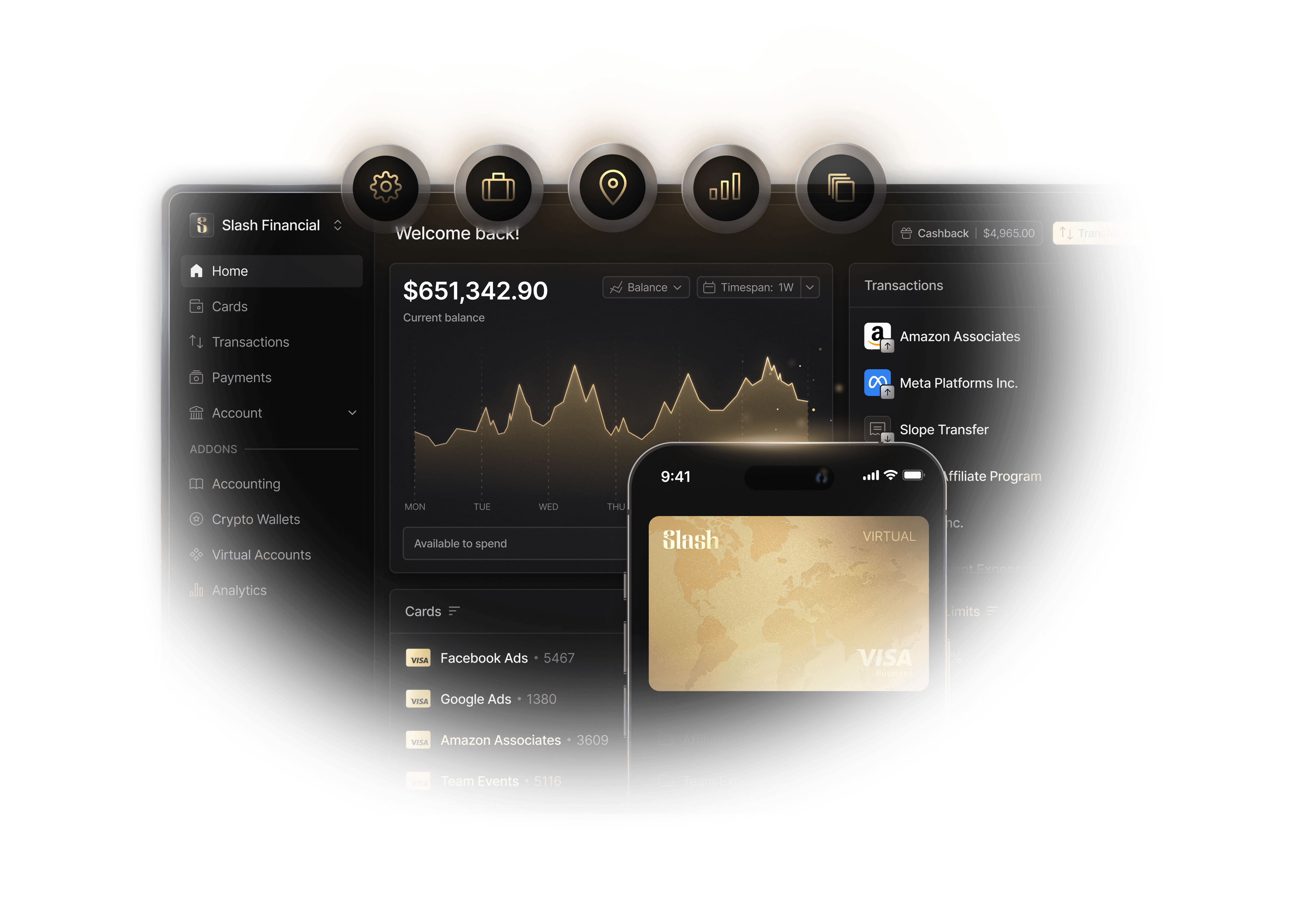 Slash Financial dashboard mockup showing balances, transactions, and card spend