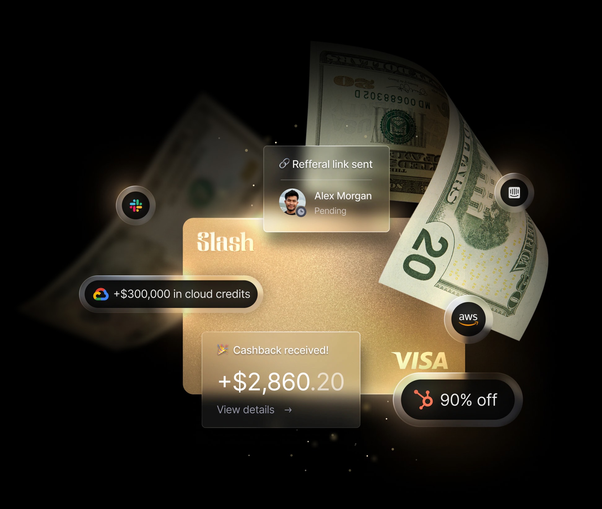 Slash gold business card surrounded by floating cashback, referral, and partner-credit notifications