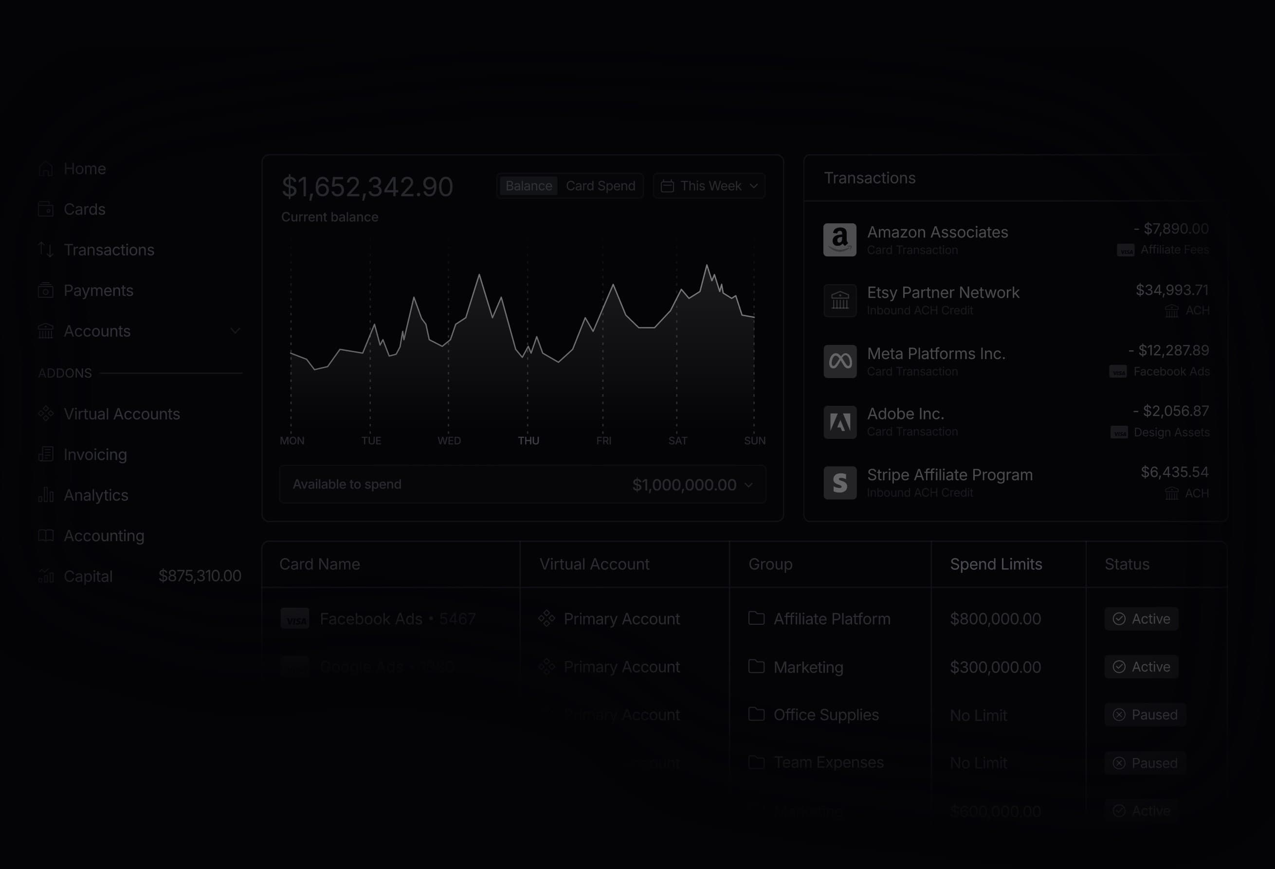 Slash business banking dashboard showing corporate cards, treasury, and payment management
