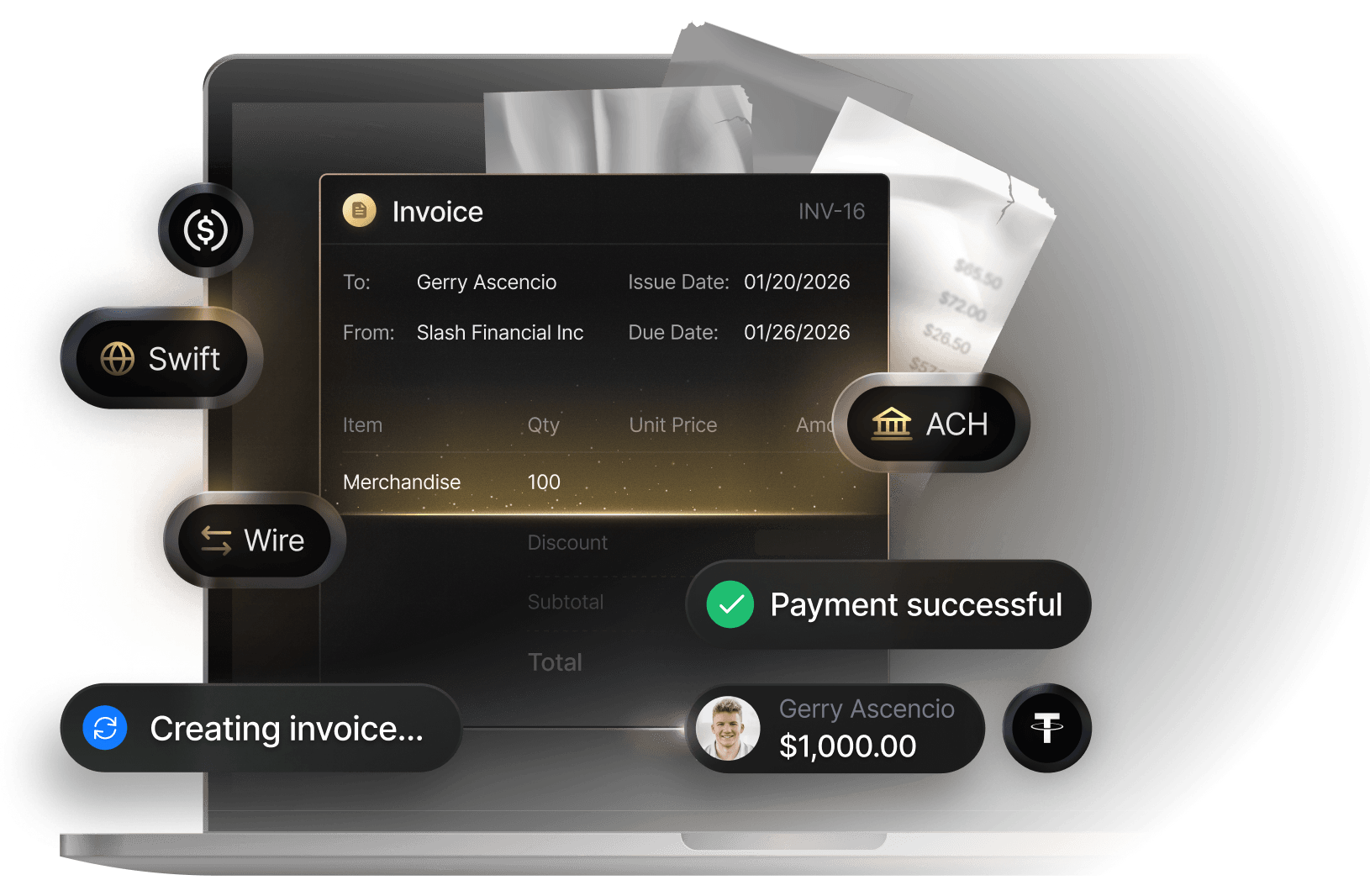Bill Pay invoice capture with ACH, wire, Swift, and crypto payment rails